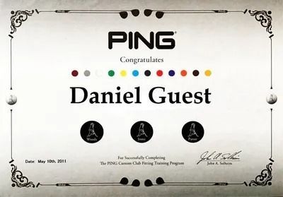 Certificate for PING congratulating Daniel Guest, with decorative border and medal icons.
