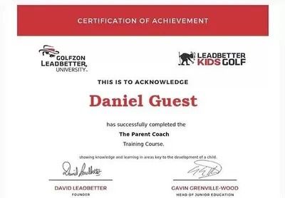 Certificate of Achievement for Daniel Guest from Golzon Leadership Mentor and LeadBetter Kids Golf