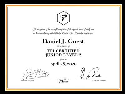 Certificate for Daniel J. Guest, TPI Certified Junior Level 2, dated April 28, 2020.