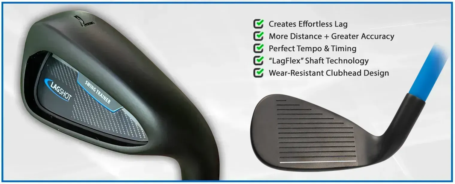 Black-and-blue golf club with inset display and close-up of iron face with feature checklist