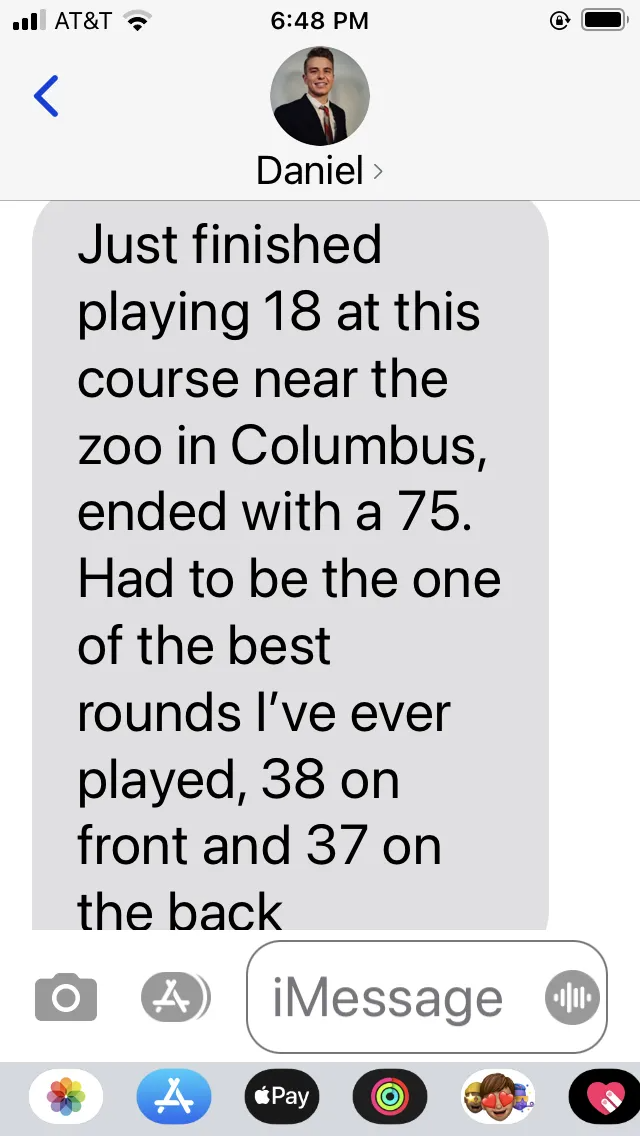 IPhone iMessage screenshot showing a text about finishing 18 at a Columbus zoo course with a 75, including hole scores