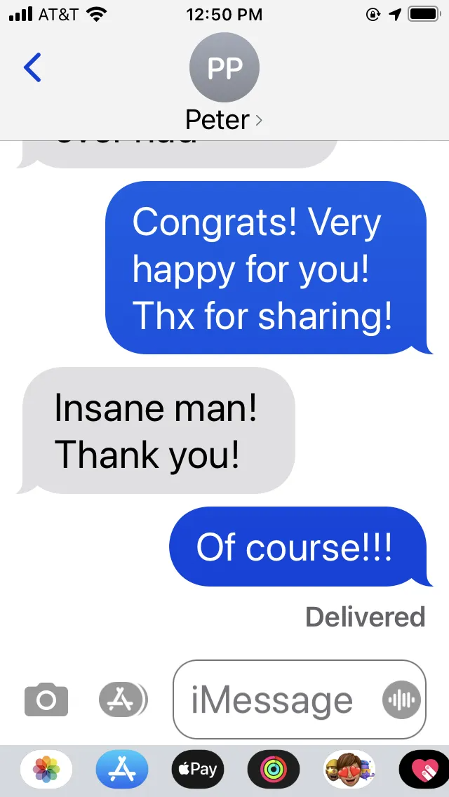 IPhone Messages chat with Peter showing a congratulatory text exchange in blue and gray bubbles