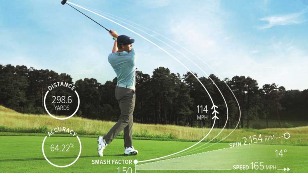 Golfer mid-swing on a sunny course with white performance stats overlaid on the scene