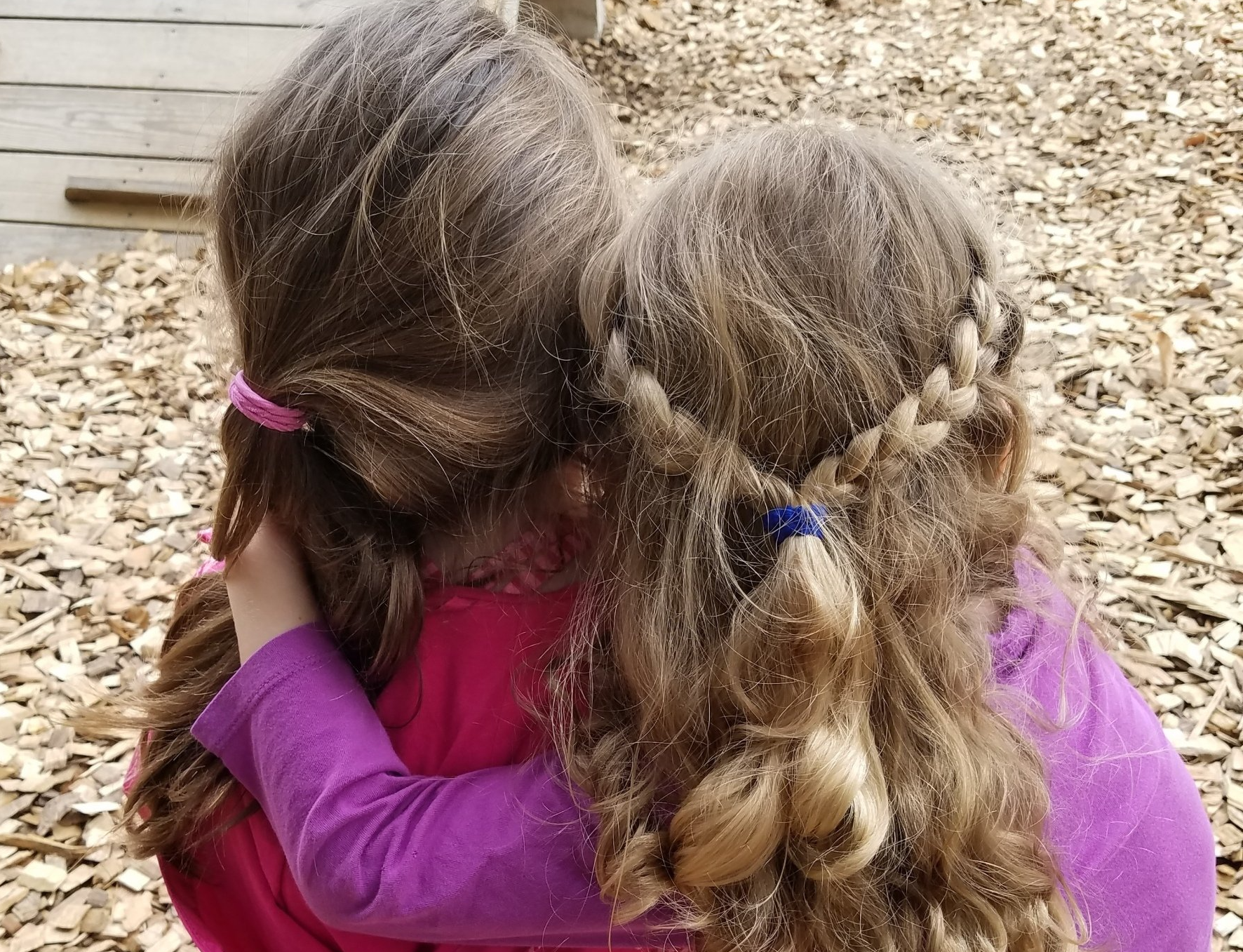 Two little girls hugging each other with braids in their hair