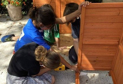 A group of children are working on a wooden structure.