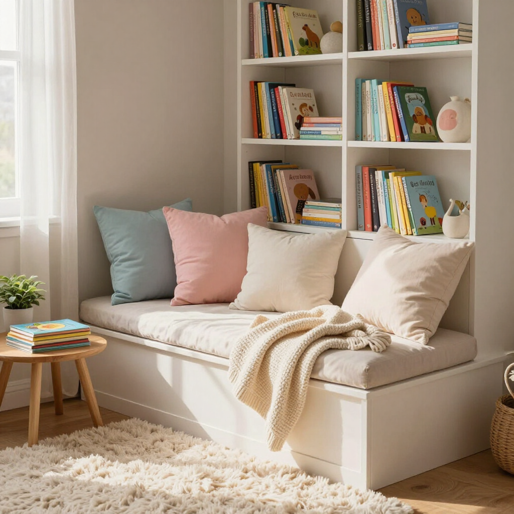 Knus leeshoekje met een witte bank, pastelkleurige kussens, boekenplanken en een zachte crèmekleurige plaid.