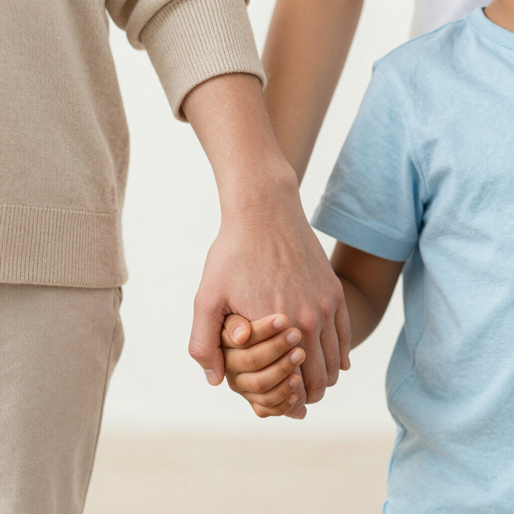 Twee mensen die elkaars hand vasthouden, één in beige en één in een lichtblauw shirt