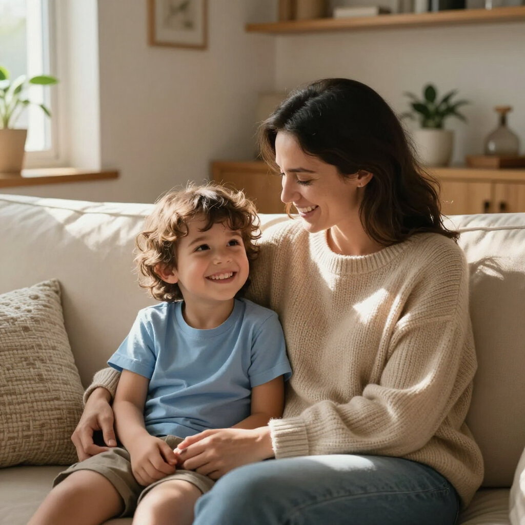 Lachende ouder en kind zitten samen op een beige bank in een zonnige woonkamer