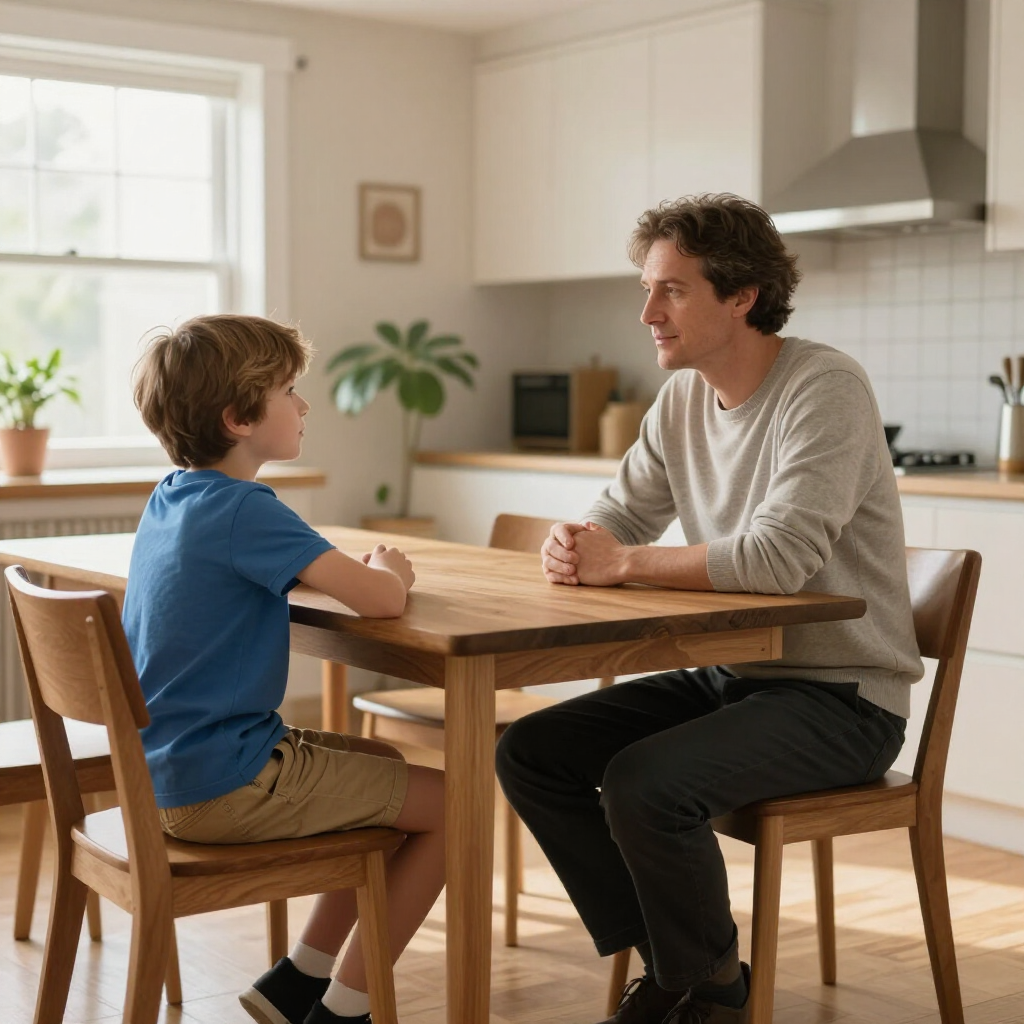 Twee mensen praten aan een houten keukentafel in een licht, modern huis