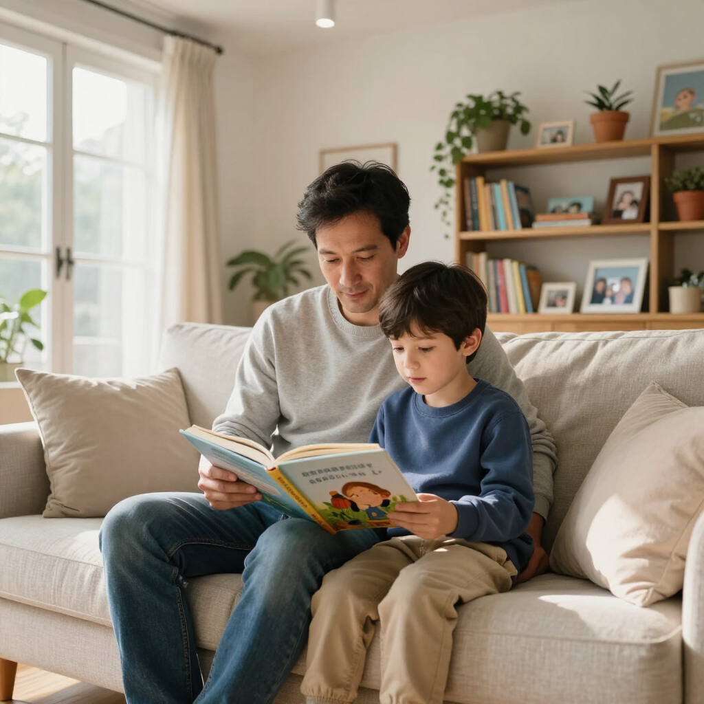 Volwassene leest een boek voor aan een kind op een beige bank in een lichte woonkamer