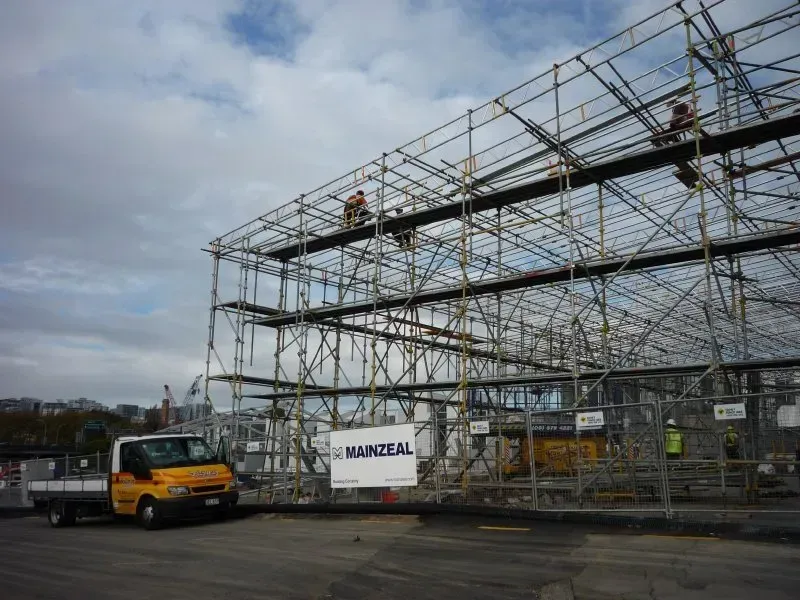 A roof encapsulation scaffold under construction