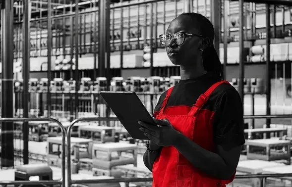 Woman with a et standing in a factorie