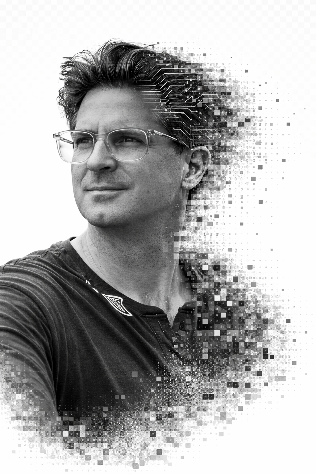 Man with glasses smiling, in a light blue button-down shirt, within a red and pink circular border.