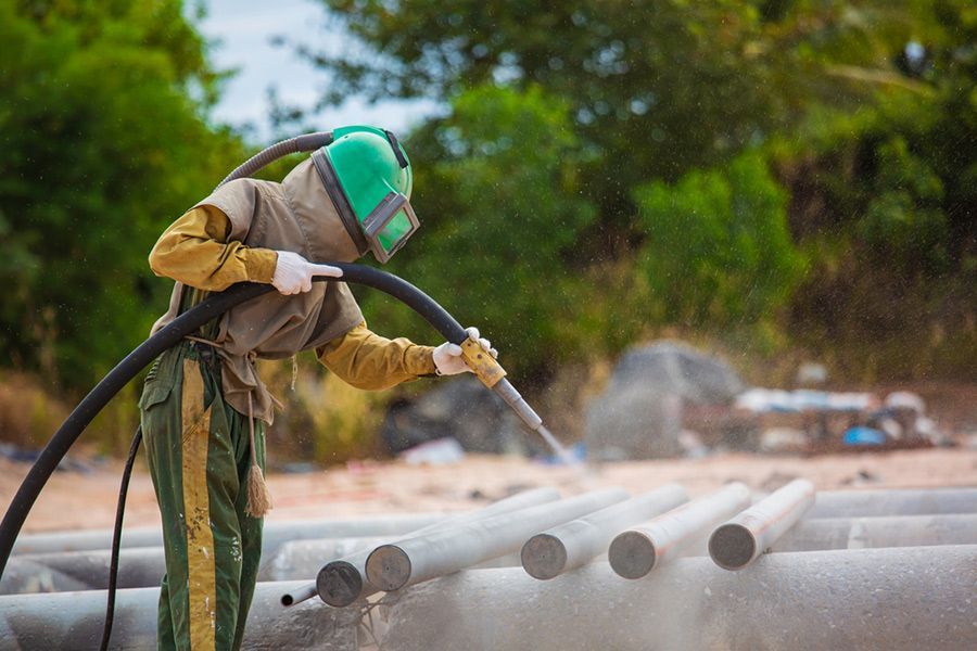A Man Wearing a Helmet Is Sandblasting a Pile of Pipes — Alamo Powder Coaters in Unanderra, NSW