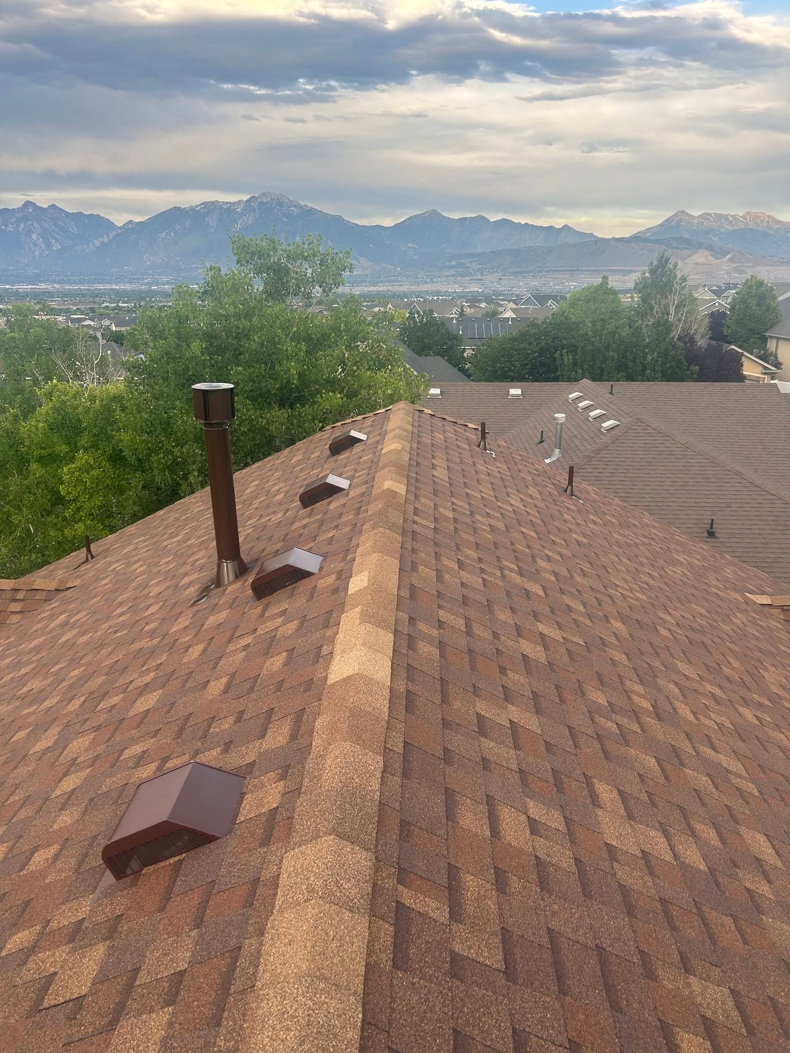 Rooftop with brown shingles and vents, overlooking trees and mountains under a cloudy sky.