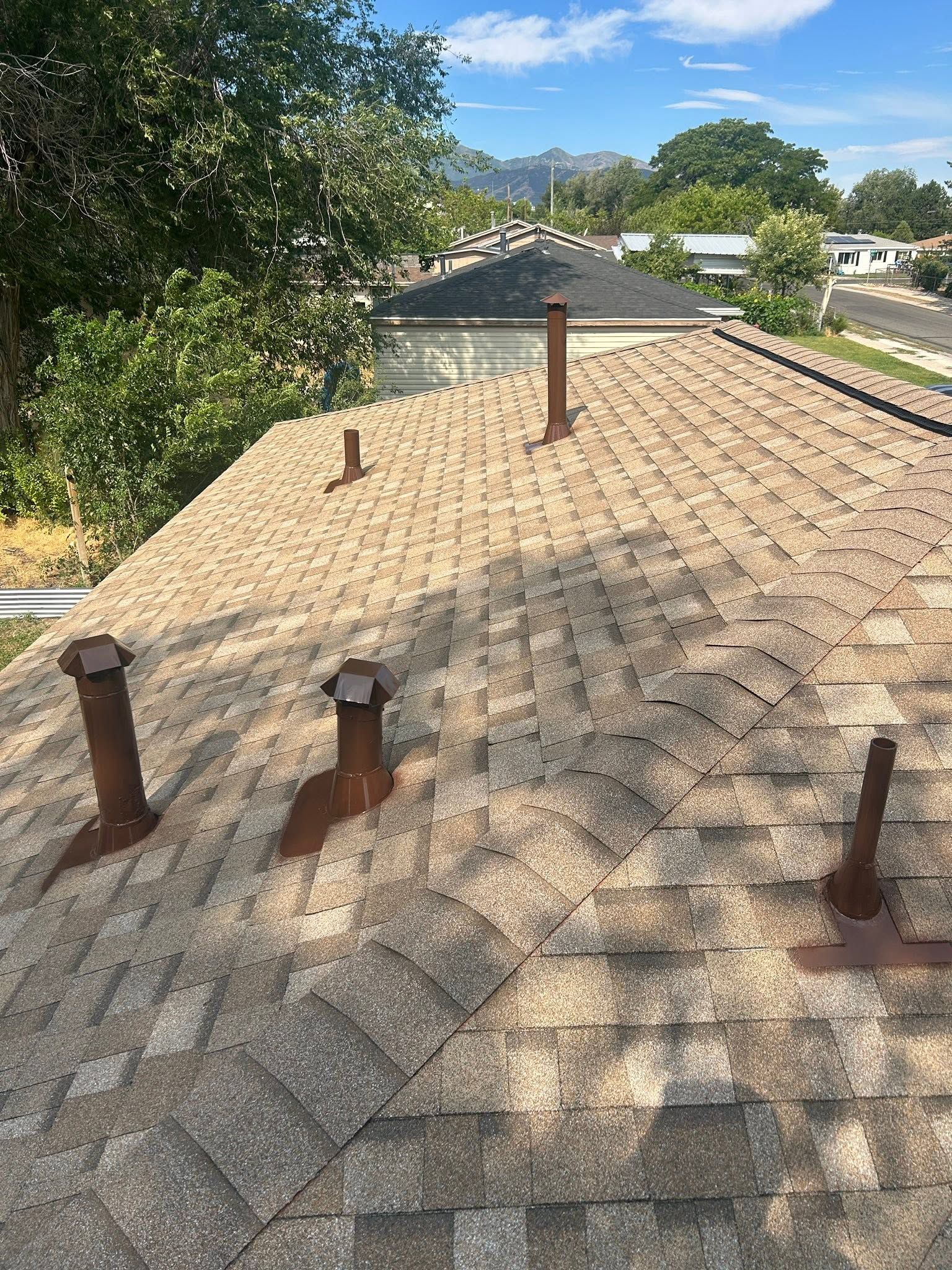 Shingled rooftop with several vent pipes, trees, and a clear blue sky beyond.