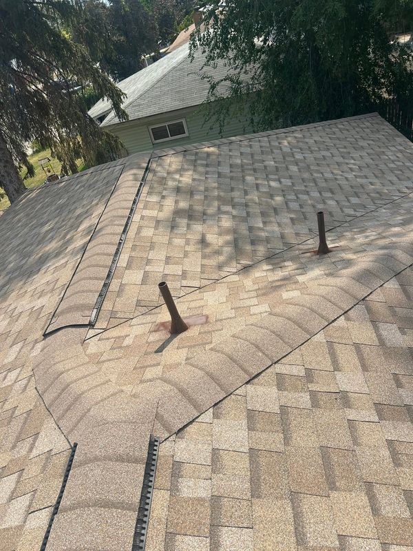 Rooftop covered in gray shingles with two vent pipes, viewed through trees.
