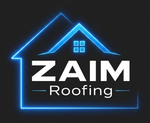 Blue neon house-outline logo reading &ldquo;ZAIM Roofing&rdquo; on a dark background