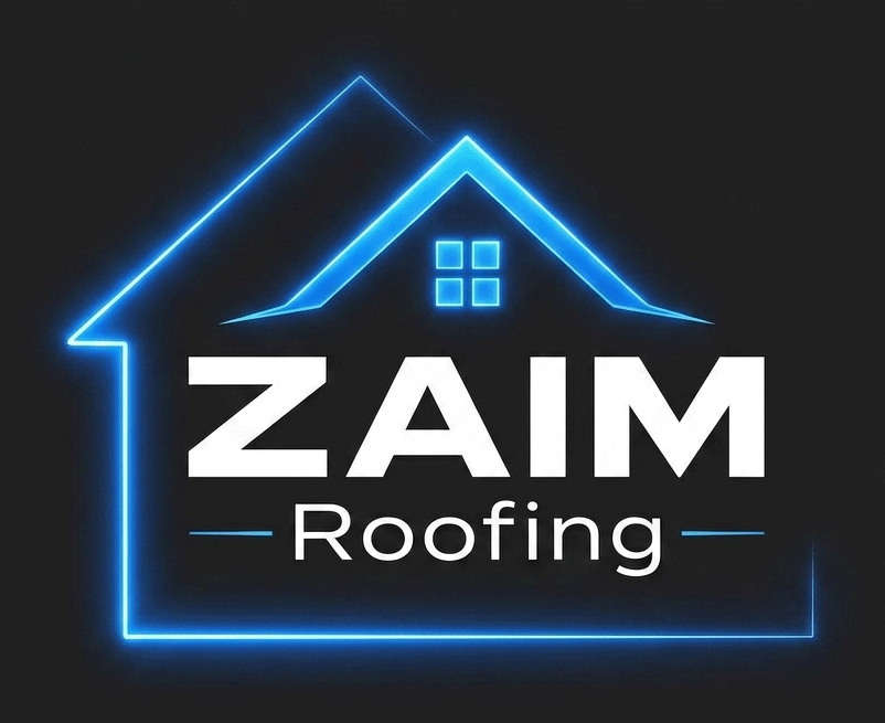 Blue neon house-outline logo reading &ldquo;ZAIM Roofing&rdquo; on a dark background
