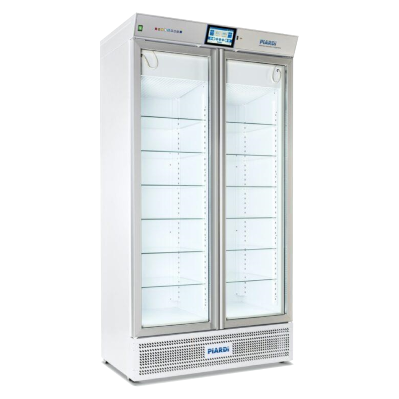 Frigorifero bianco a due ante con vetrina, ripiani vuoti e display digitale della temperatura.