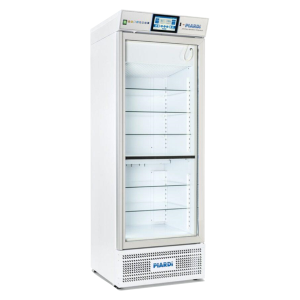 Frigorifero/congelatore da laboratorio bianco con porta in vetro e display di controllo digitale, mostrato su sfondo neutro.