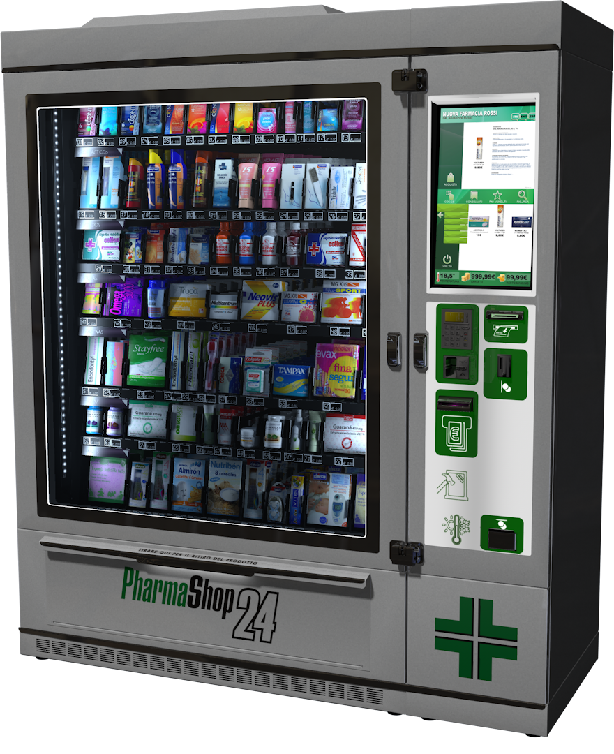 Distributore automatico di farmaci con assortimento di medicinali e schermo di pagamento digitale.