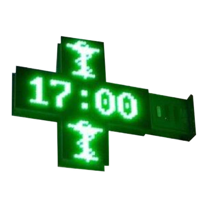 Insegna digitale verde illuminata con la scritta 17:00 e simboli a croce in stile medico su sfondo scuro.