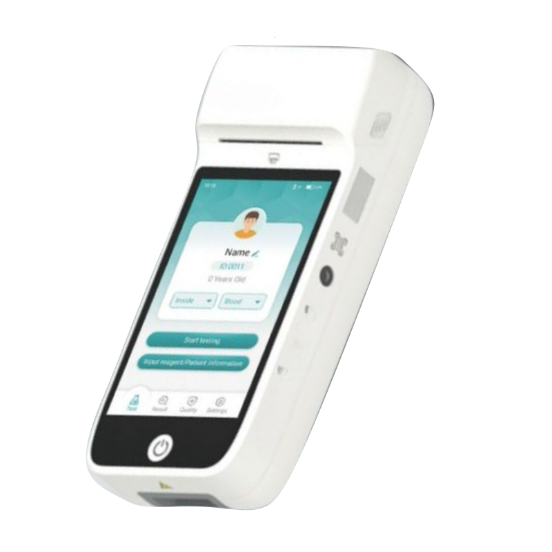 Dispositivo medico portatile bianco con interfaccia touchscreen e pulsanti laterali.