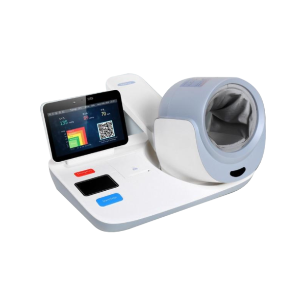 Misuratore di pressione sanguigna digitale con bracciale, display touchscreen e pulsanti di controllo su base bianca.