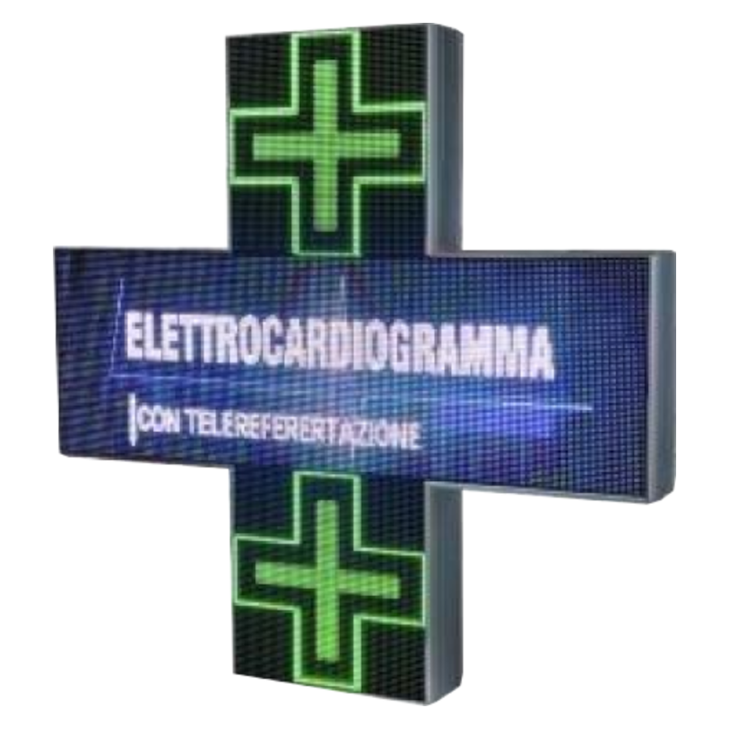 Neon green cross sign with “Elettrocardiogramma” and “con tele refertazione” text on dark background