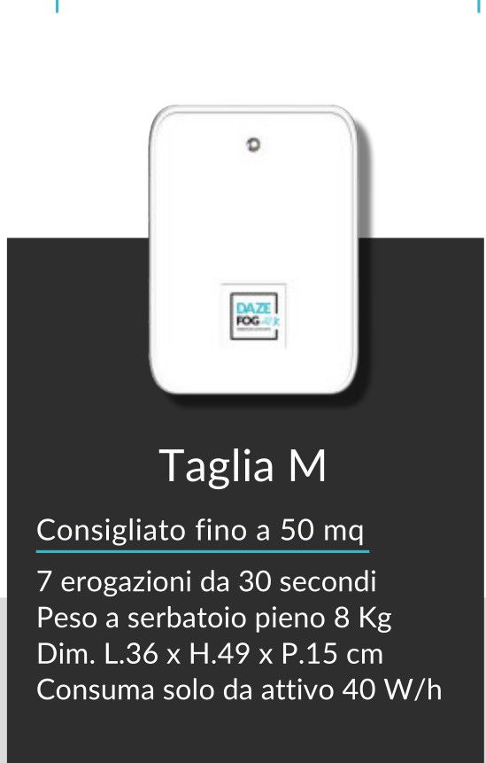Serbatoio bianco quadrato con testo “Taglia M” e specifiche tecniche su sfondo scuro.