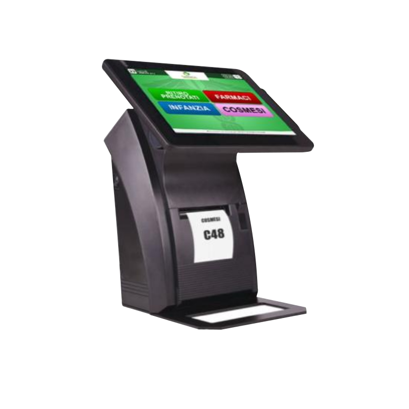 Chiosco self-service per l'emissione di biglietti con touchscreen e slot per schede, supporto nero con pulsanti colorati sullo schermo.