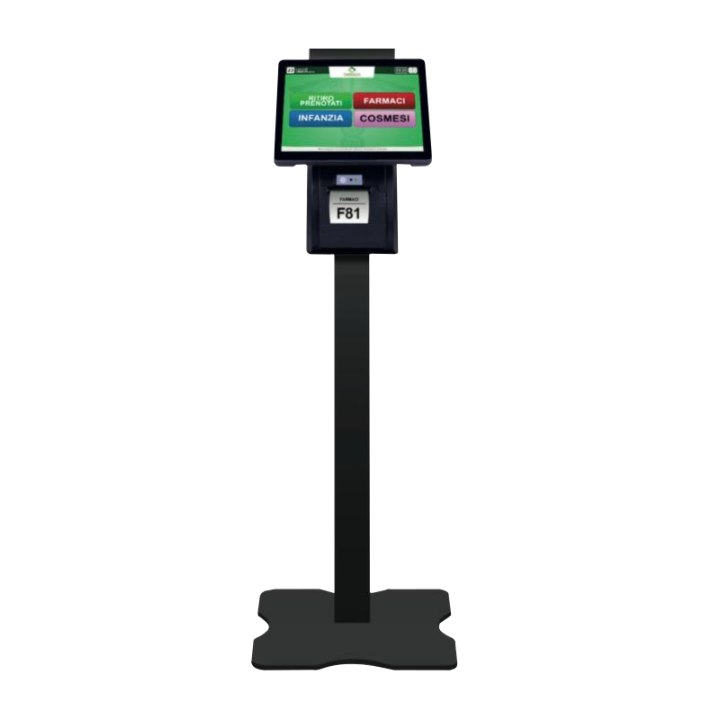 Cartello nero con schermo touchscreen che visualizza etichette verdi e rosse su un supporto.