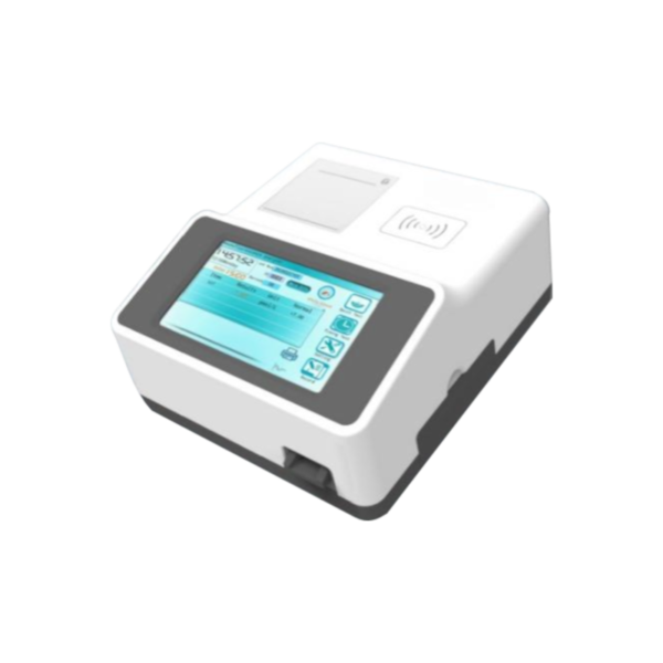 Analizzatore medico da tavolo bianco con display touchscreen blu e slot per stampante.