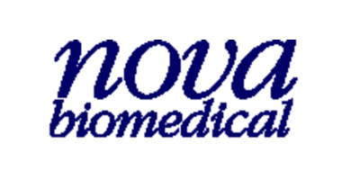 Logo di Nova Biomedical in blu scuro corsivo su sfondo bianco.