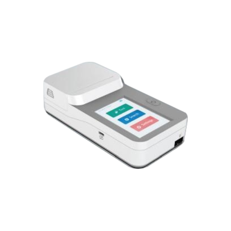 Dispositivo desktop compatto di colore bianco con un piccolo display touchscreen e pulsanti di controllo.