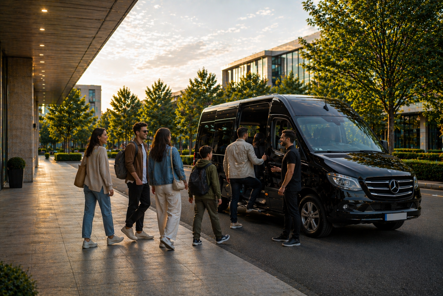 People boarding a black van outside a building at sunset