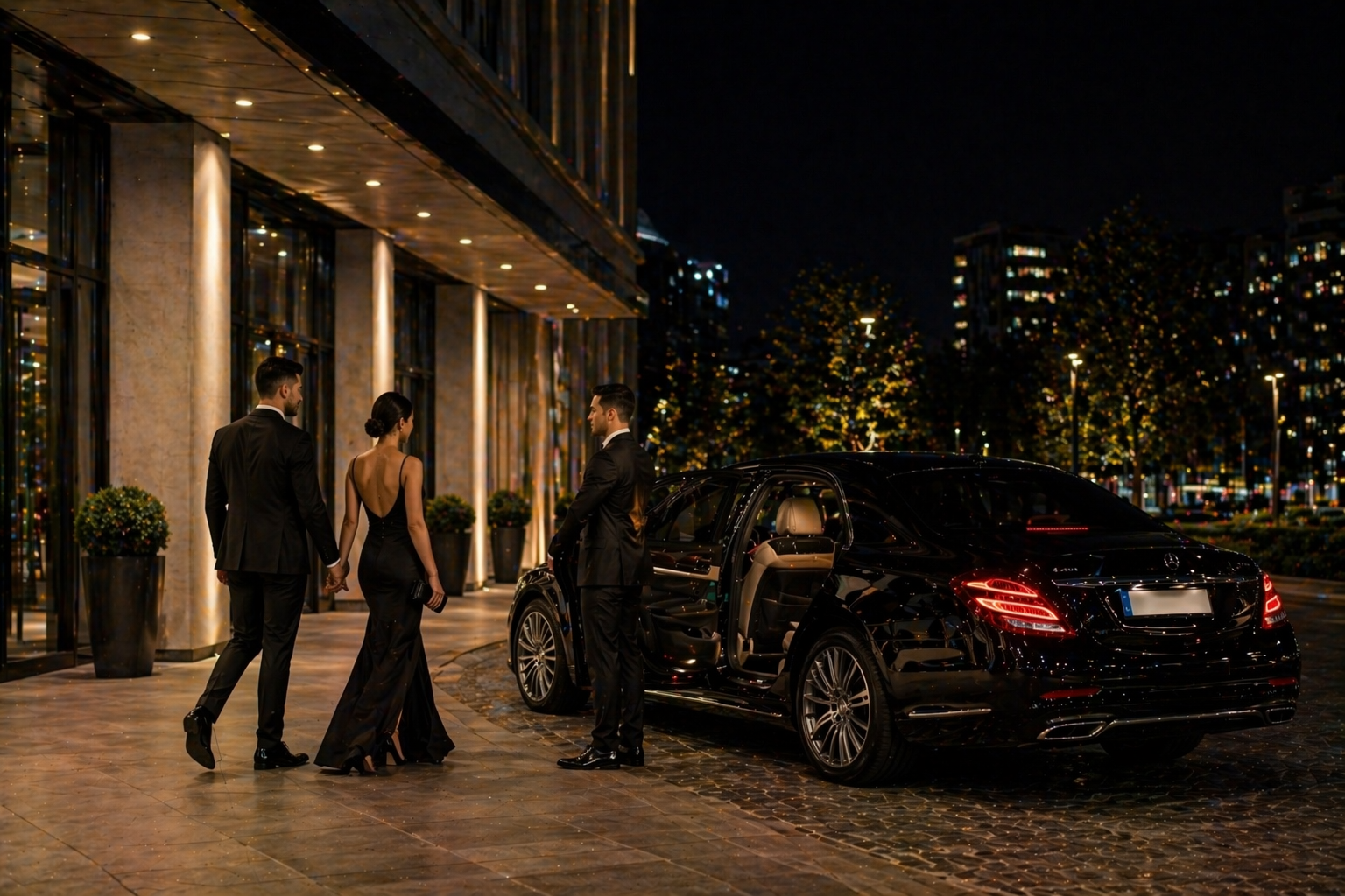 Three people by a black car outside a lit hotel at night