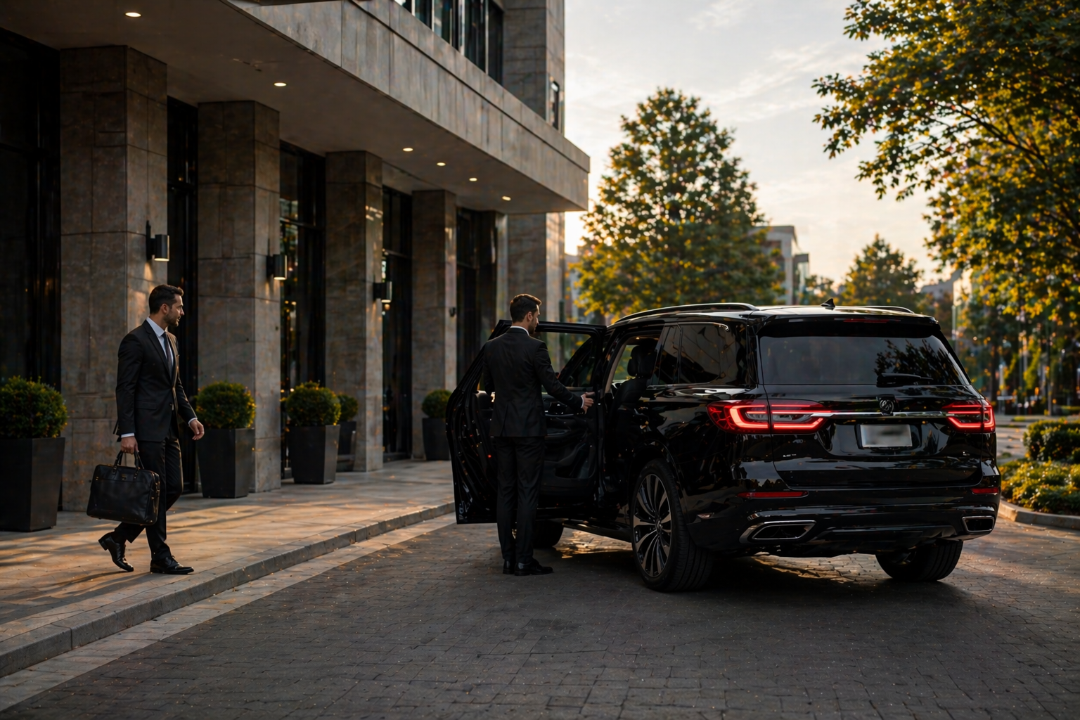 Black SUV with people outside a modern building at dusk, one person walking nearby