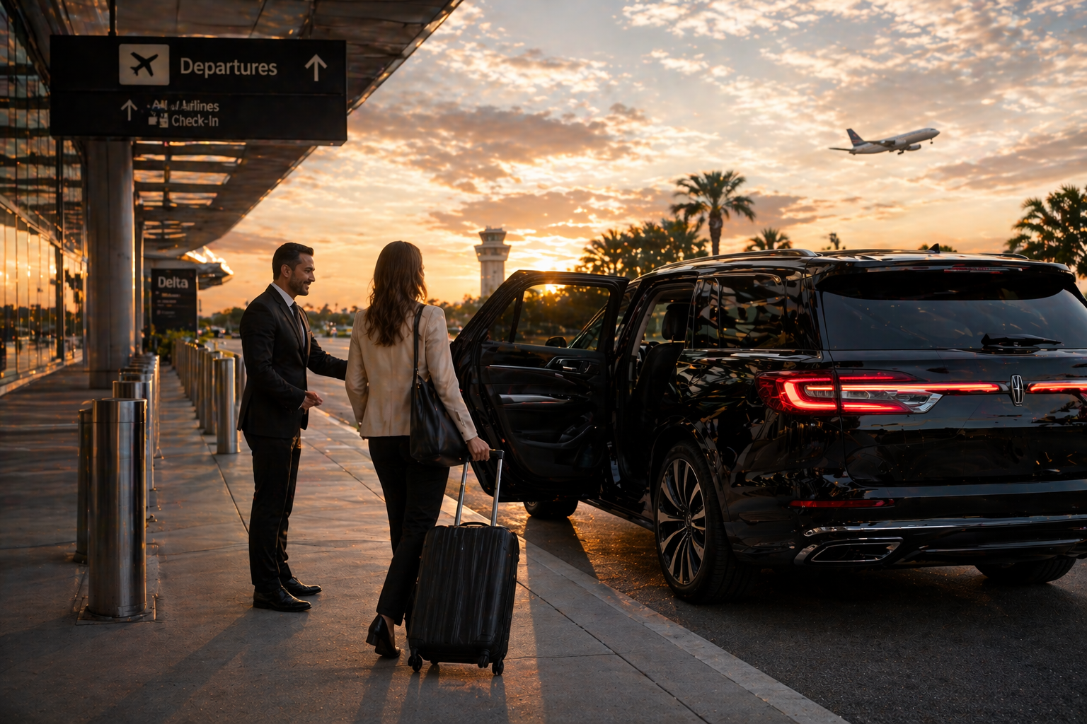 Traveler with suitcase beside black SUV at airport curb during sunset