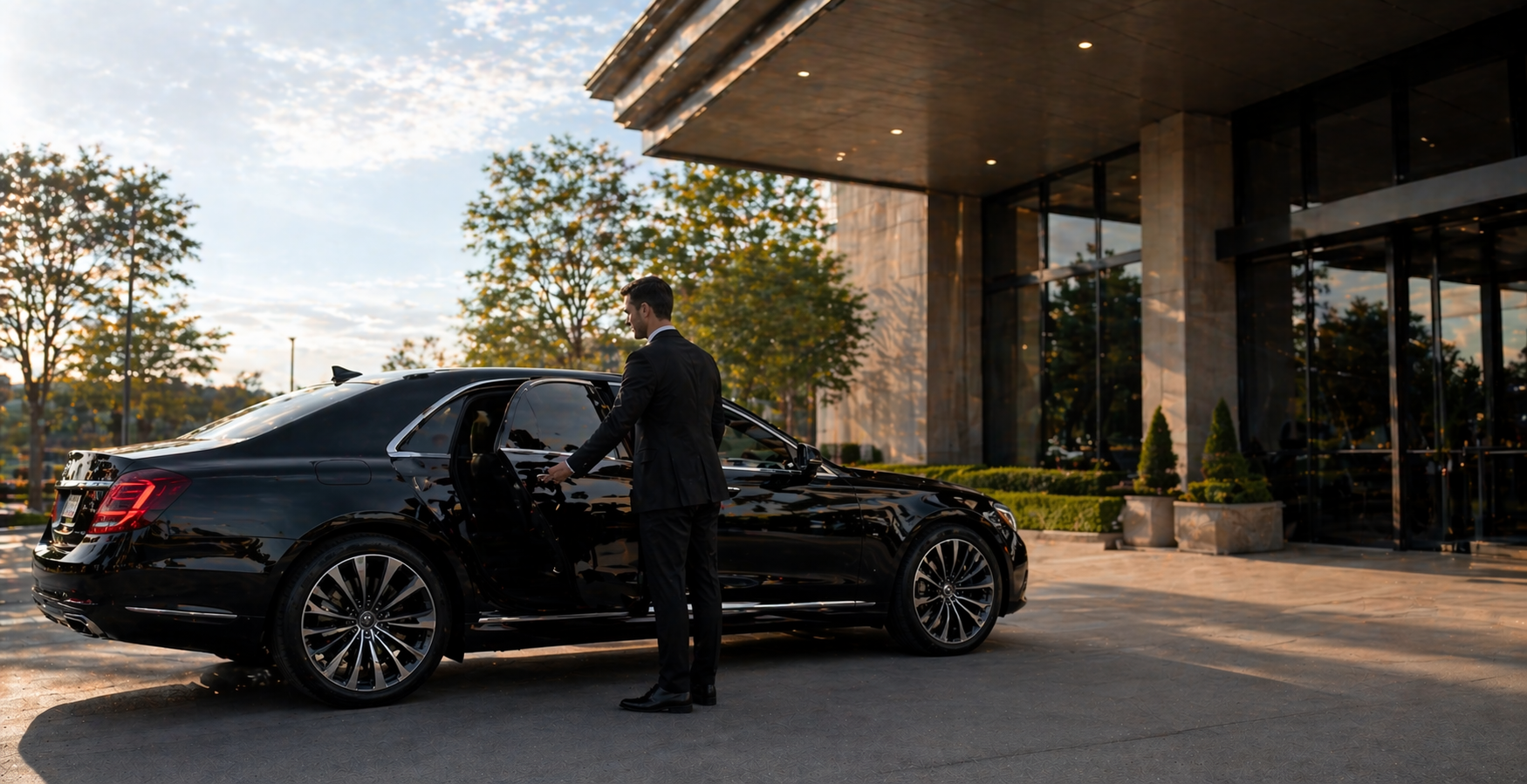 Black sedan parked by a modern building entrance with a person standing beside it.
