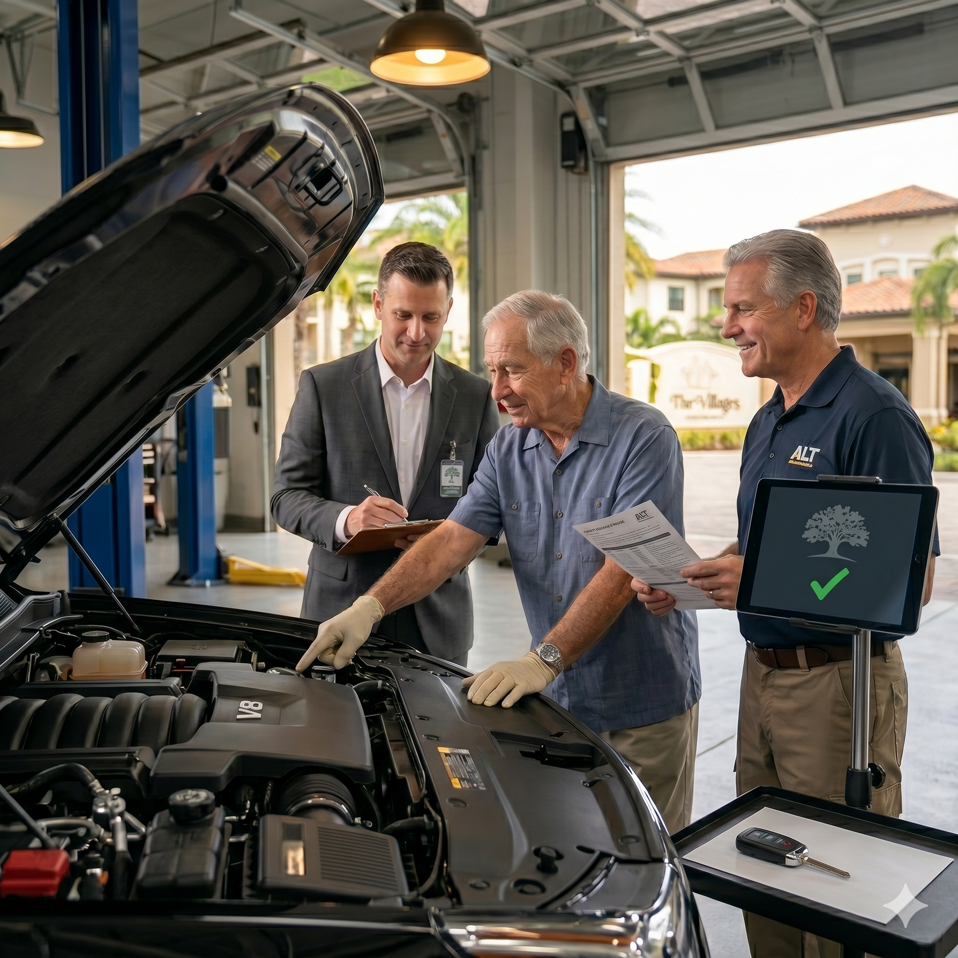 Three people inspect a car engine in a bright auto repair shop, with a hood open and a tablet nearby.