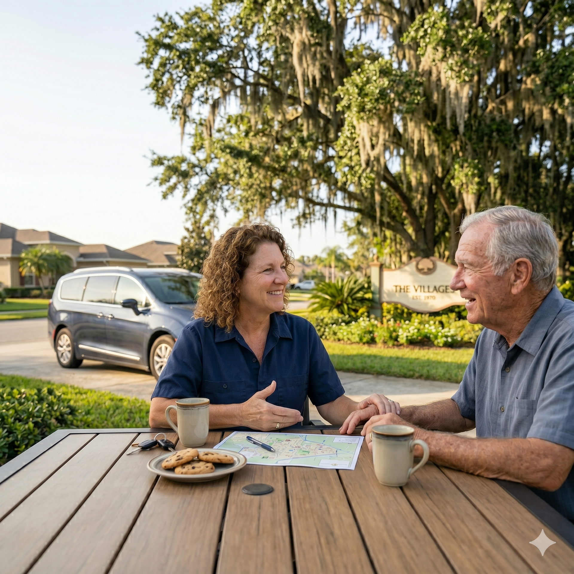Two people talking at an outdoor table with coffee and snacks in a sunny suburban yard