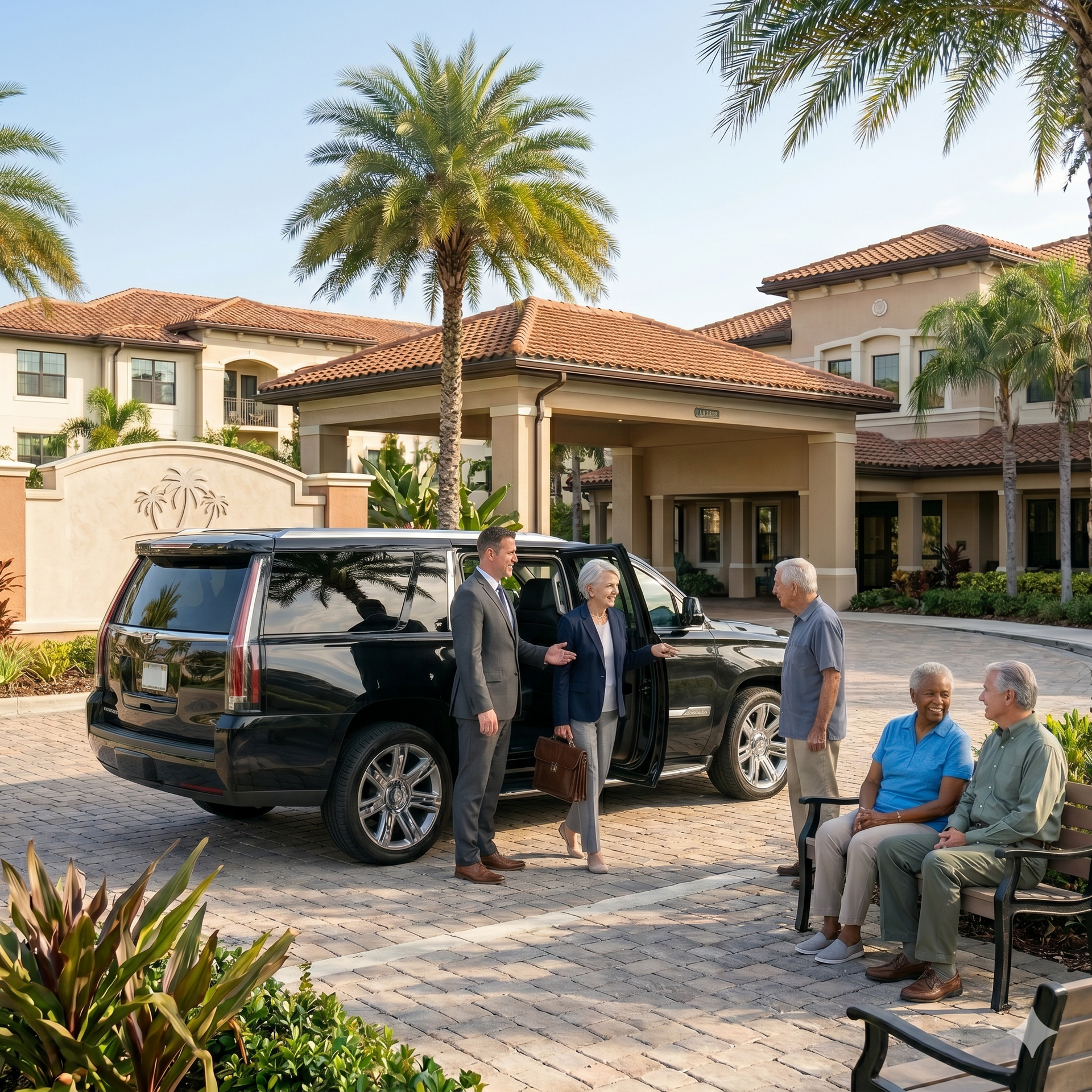 People meeting beside a black SUV outside a large Mediterranean-style home with palm trees.