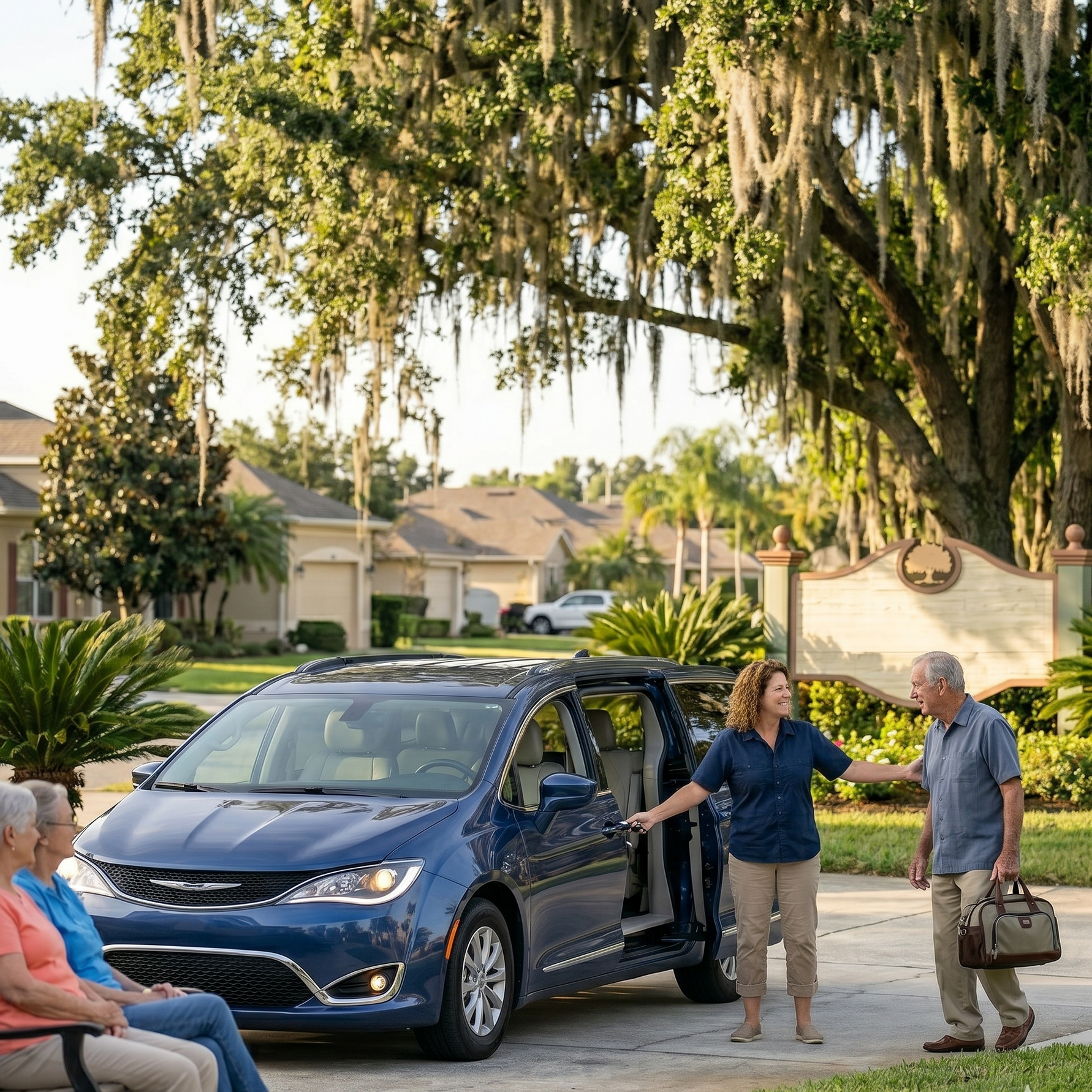 Neighbors chatting beside a blue minivan on a sunny suburban street with Spanish moss-draped trees
