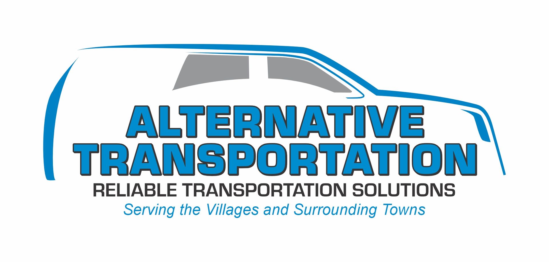 Alternative Transportation logo with blue car outline and slogan for reliable transport solutions