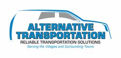 Alternative Transportation logo with blue car outline and slogan for reliable transport solutions