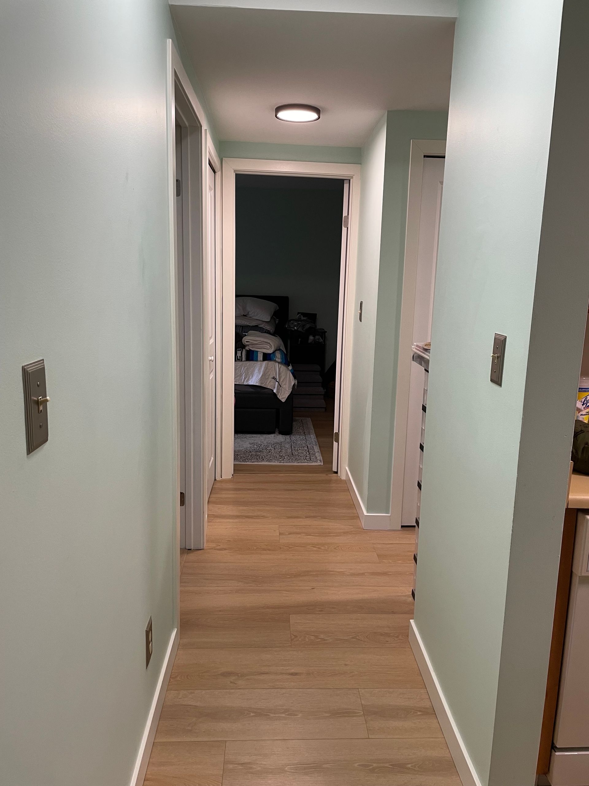 Narrow hallway with light wood floor, white walls, and a bedroom visible at the far end.