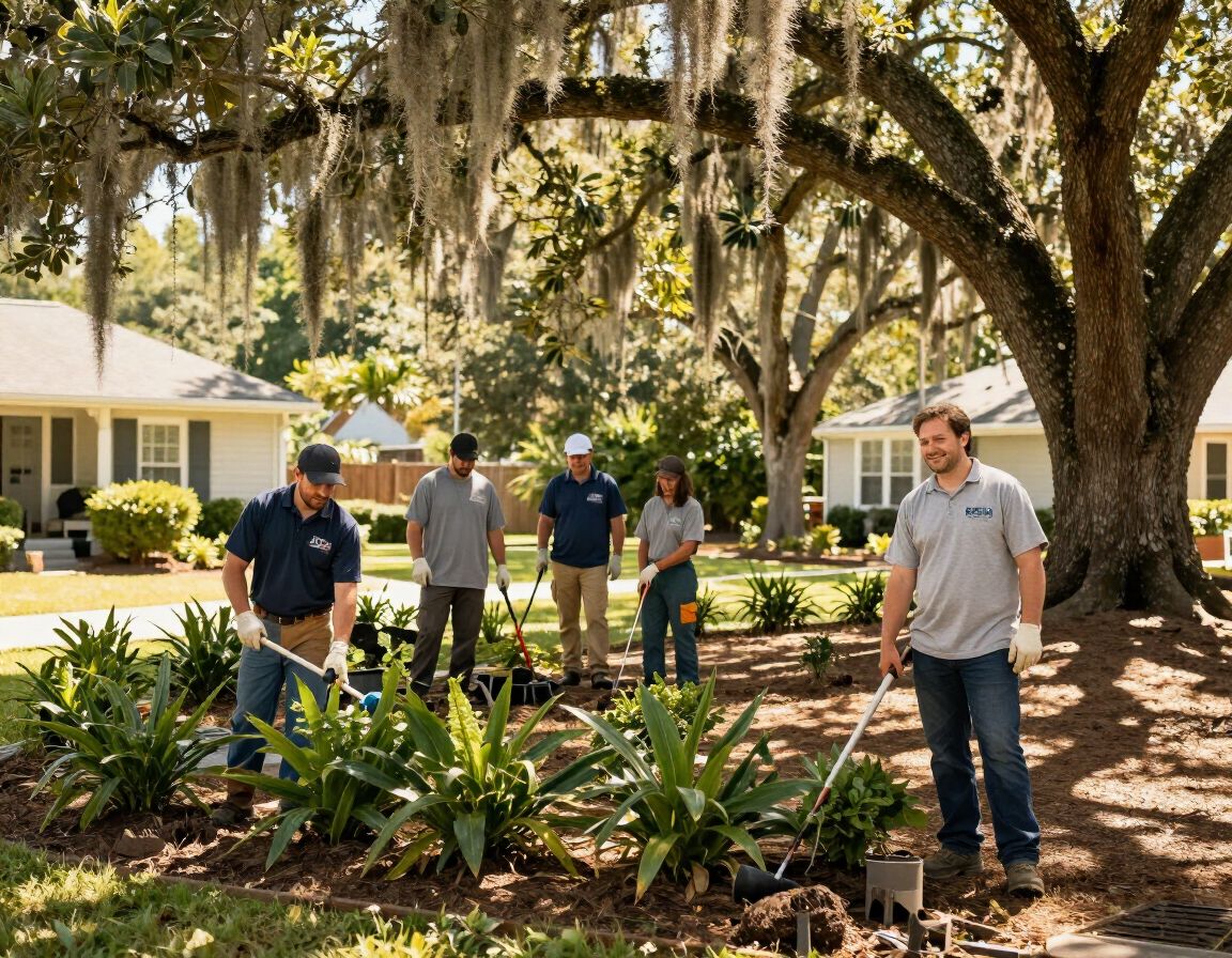 Mr. Boy Landscaping crew working in Savannah residential backyard