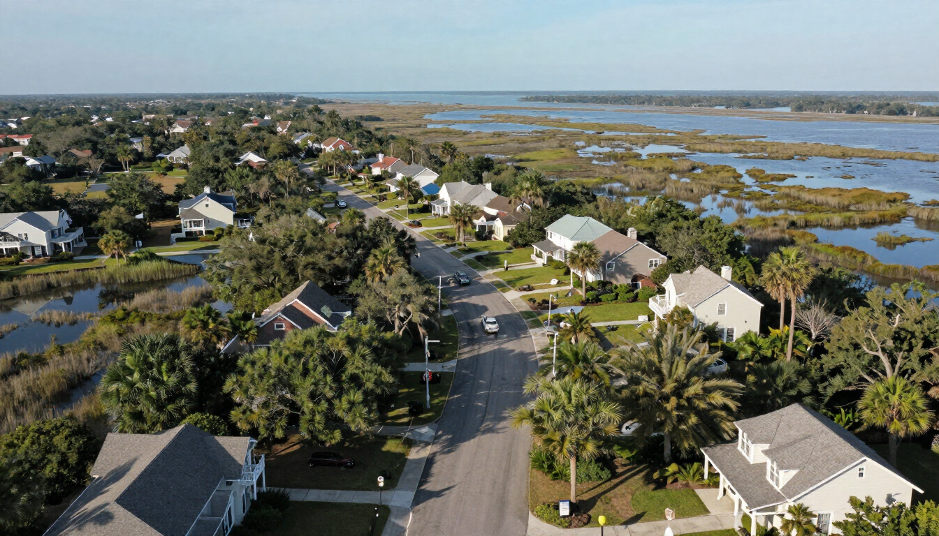 Aerial view of Savannah Georgia residential neighborhood with coastal waterway